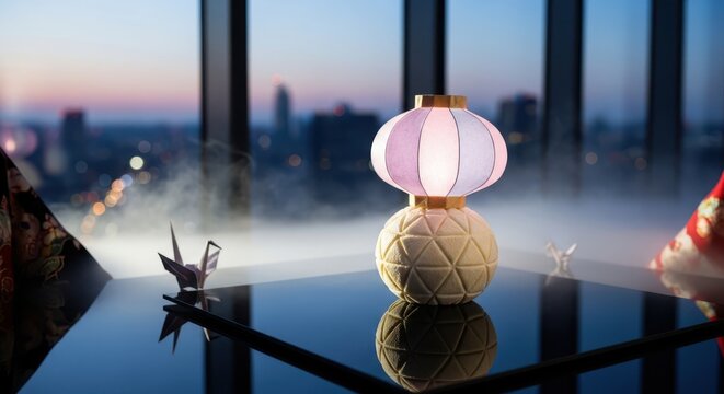 Japaneese cheesecake a serene scene unfolds with a japanesestyle lamp casting a warm glow against a misty cityscape backdrop, evoking tranquility and cultural richness in a modern setting at dusk