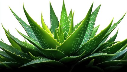 Close-up view of a vibrant green aloe vera plant with thick, pointed leaves spreading outward against a white background