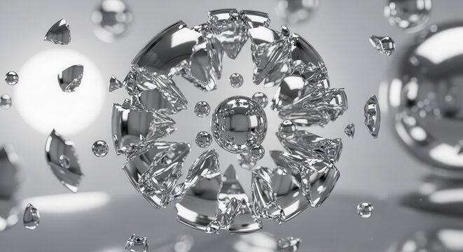 Metallic sphere fragments rupture and scatter around a central core in a brightly lit environment