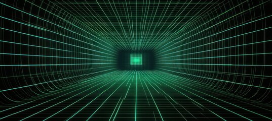 Futuristic digital tunnel grid with glowing green lines forming a 3D curved corridor extending into a bright square opening evoking a sense of depth and mystery