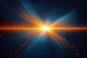 Bright glowing light spark with golden particles radiating horizontally through a dark blue starry background creating a cosmic and energetic atmosphere