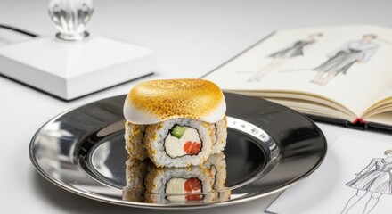 Japaneese cheesecake A delectable sushi roll creation, adorned with a torched meringue topping, sits elegantly on a reflective silver plate.