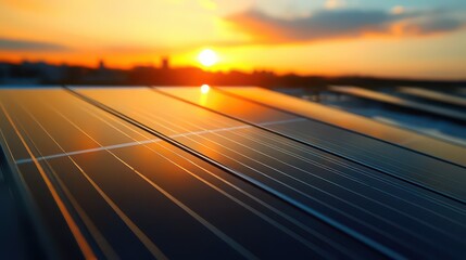 Fototapeta premium Solar panels reflecting a vibrant sunset sky for renewable energy generation