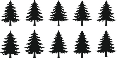 Naklejka premium Set of ten black pine tree silhouettes isolated on white background for Christmas design and forest logo icons