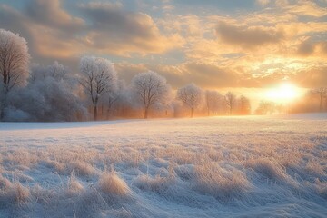 Sunrise over a serene snow-covered field with frost-coated trees and a colorful sky filled with soft clouds