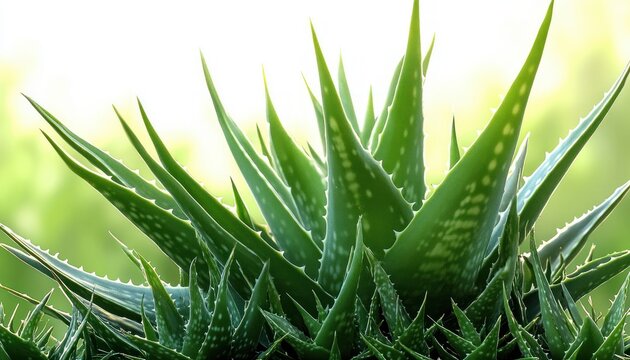 Close-up of vibrant green aloe vera plant leaves with sharp, pointed edges against a softly lit blurred background - Powered by Adobe