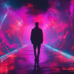 Silhouette of a person walking through a vibrant neon-lit tunnel with swirling pink and purple lights creating a futuristic and mysterious atmosphere