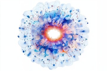 Complex abstract digital structure with transparent layered blue and orange elements radiating from a bright central core, resembling a scientific or technological visualization