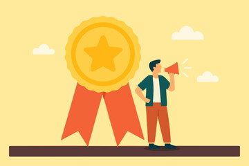 Employee of the month award winner announcement, reward or recognition for good performance, high performance champion on office, businessman announces Employee of the month winner with megaphone