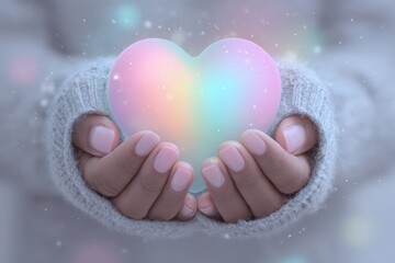 Hands gently holding a luminous heart, illuminated with soft pastel colors, set against a minimalist background, conveying compassion and health awareness in modern life
