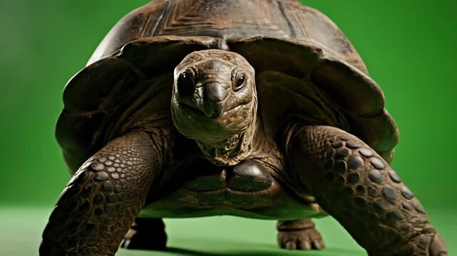 Tortoise close-up. Brown tortoise. Reptile animal. Green background. Wildlife creature. Slow-moving animal. Scaly skin. Legs and shell visible. Pet. Nature.