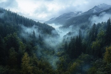 Dense evergreen forested mountain valley enveloped in thick morning mist and low clouds under a moody overcast sky