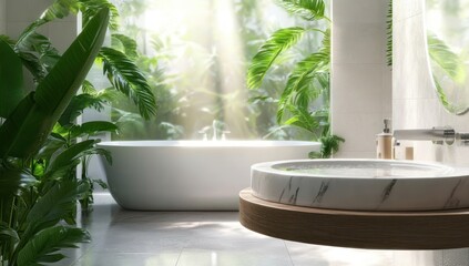 Modern bathroom with a white freestanding bathtub surrounded by lush green plants and natural sunlight streaming through large windows, creating a serene and refreshing atmosphere