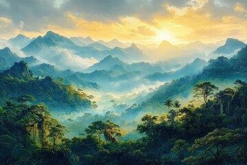 Sunrise over misty green mountains with dense forest and layered peaks stretching into the distance under a colorful sky