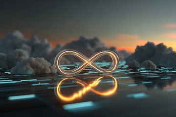 A sleek, transparent infinity sign floating above a digital landscape, surrounded by soft clouds, with ambient light creating a serene and futuristic atmosphere