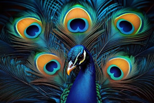 Close-up of a peacock displaying its vibrant blue and green feathers with distinctive eye-like patterns and an intense gaze