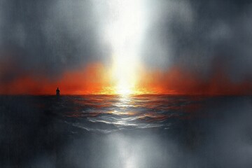 Obraz premium A lone figure stands on a dark, vast ocean with a radiant and fiery sunset illuminating the waves under a hazy sky, evoking solitude and awe