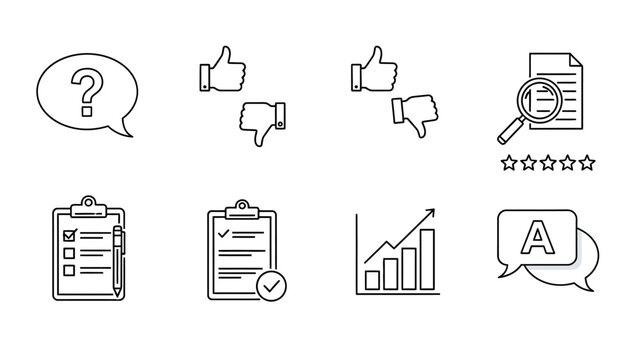 Icons representing feedback, survey, and data analysis in line art style.