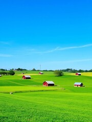 Naklejka premium Lush green fields dotted with rustic barns under a clear blue sky, rural, farm building