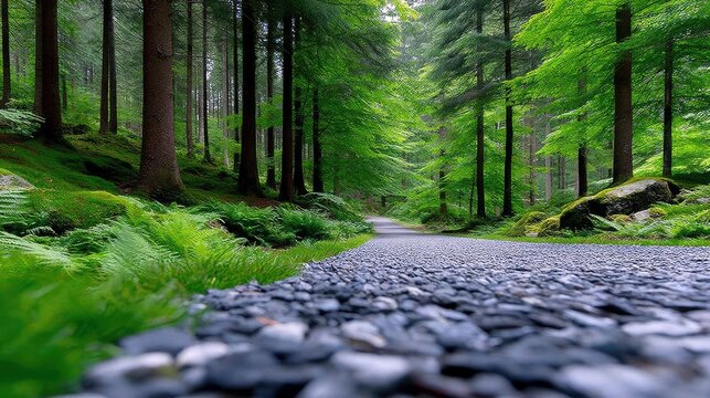 A gravel path winds through a dense forest with vibrant green ferns and mossy ground, surrounded by tall evergreen trees under an overcast sky. - Powered by Adobe