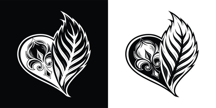 A heart shape adorned with a fleurdelis and a leaf, blending symbolism of love, royalty, and nature in black and white