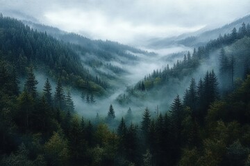 Misty pine forest covering rolling hills with dense fog weaving through valleys under a cloudy sky conveying a mysterious and serene atmosphere