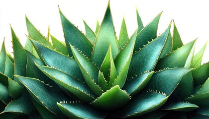 Fototapeta premium Close-up of a symmetrical succulent plant with thick, spiky green leaves radiating outward against a white background