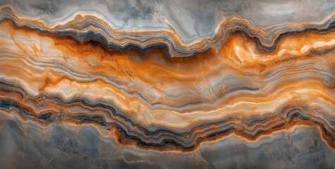 Fototapeta premium Close-up view of multi-layered natural stone with orange, gray, black, and beige wavy patterns and textures