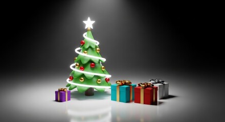 A christmas tree with lights and a star with colorful gifts under it on a dark background