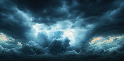 Dramatic dark storm clouds with bright patches of light breaking through the turbulent sky