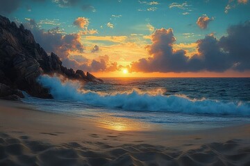 Calm ocean sunset with waves crashing against rugged rocky coast and golden sandy beach under a partly cloudy sky