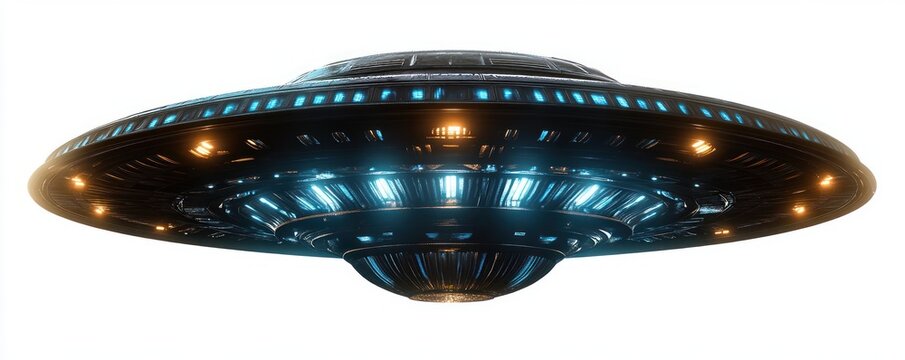 Futuristic metallic flying saucer with bright blue and orange lights glowing in a dark environment, hovering with a smooth sleek design - Powered by Adobe