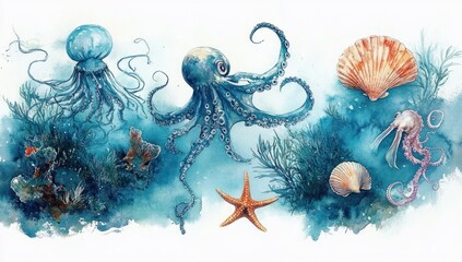 Underwater scene featuring two octopuses, a jellyfish, coral, seaweed, starfish, and seashells in a vibrant blue ocean environment