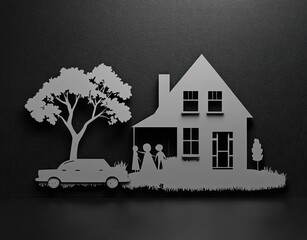 Silver metallic silhouette of a house with a tree, a car, and three people standing together on a grassy surface against a black background