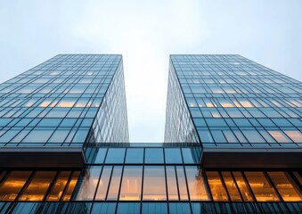 Fototapeta premium Modern glass office building with reflective windows capturing the sky and warm interior lighting during twilight