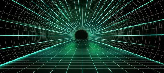 Futuristic glowing green grid tunnel with curved lines converging into a dark central point