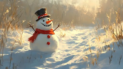 Cheerful snowman in winter forest at sunrise