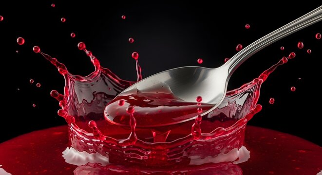 Delicious red jam splashing around a silver spoon against black backdrop, perfect for food blogs or culinary projects, creating a vibrant and appetizing scene - Powered by Adobe