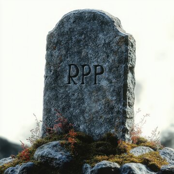 weathered stone grave marker with engraved letters rpp surrounded by moss and small plants on a rocky surface under soft light