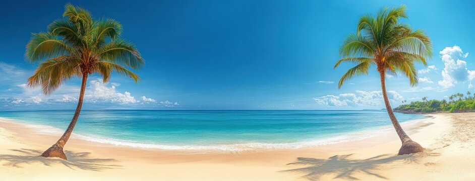 Two palm trees on a pristine sandy beach with turquoise ocean waves gently reaching shore under a clear bright blue sky with scattered clouds - Powered by Adobe