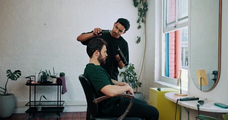 Man, barber and hairdryer with brush, client and services for hygiene, trim and grooming at shop. People, appliance and equipment for hairdresser, treatment or appointment for transformation at salon