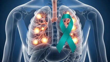 Human lungs anatomy glowing nodules teal ribbon awareness medical illustration internal organs - Powered by Adobe