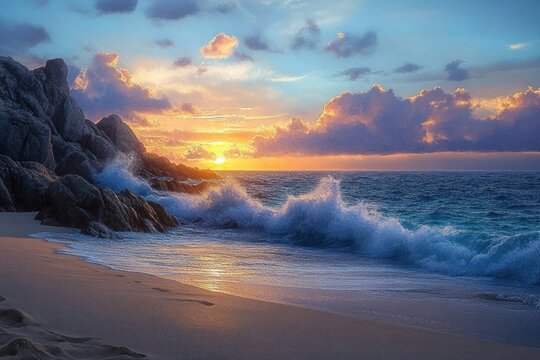 Vibrant sunset over ocean waves crashing against rocky shore with sandy beach and footprints, peaceful and serene coastal landscape - Powered by Adobe