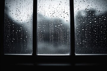 Close-up of raindrops on a windowpane with blurred outdoor scenery and buildings on a gloomy rainy day