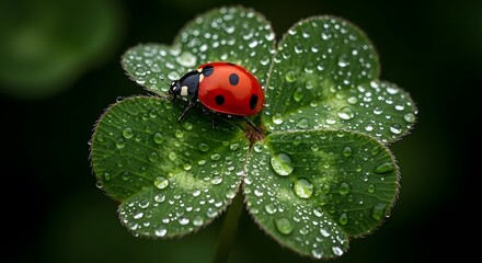 A vibrant macro shot of a ladybug resting on a four-leaf clover with water droplets.
