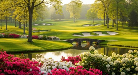 Lush green golf course fairway in the early morning mist with vibrant pink and white azalea flowers blooming in the foreground, featuring a small stone bridge over a calm pond