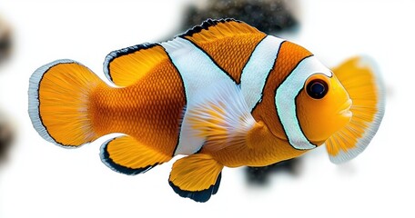 Close-up of a vibrant orange clownfish with white and black stripes swimming against a blurred background