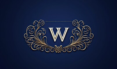 Elegant golden letter W with ornate swirling floral decorations on a dark blue background conveying luxury and sophistication