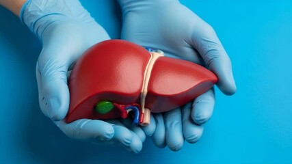 Medical professional hands in blue gloves gently holding anatomical liver model with gallbladder