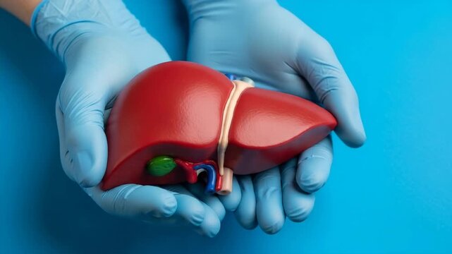 Medical professional hands in blue gloves gently holding anatomical liver model with gallbladder